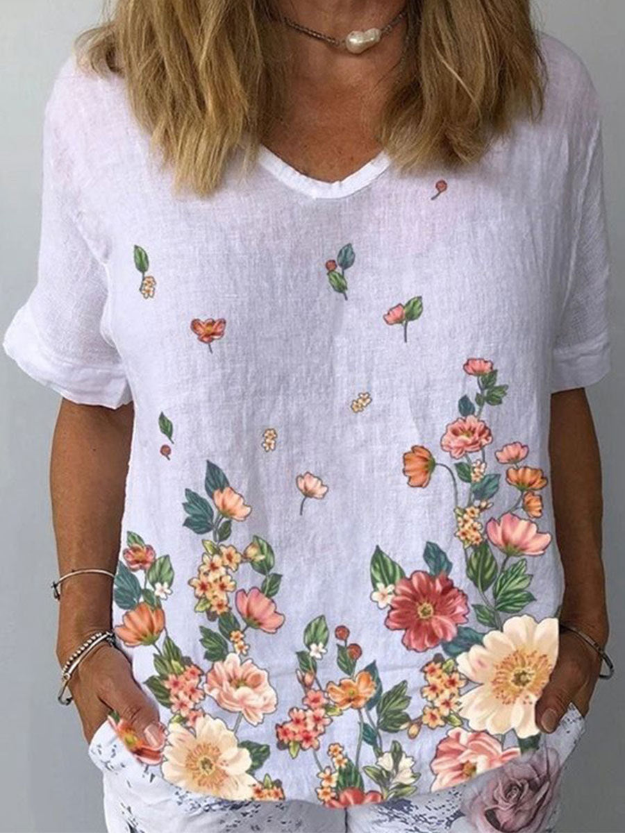 【S-5XL】🌈Tricou cu mâneci scurte cu imprimeu floral din in bumbac💐3896509