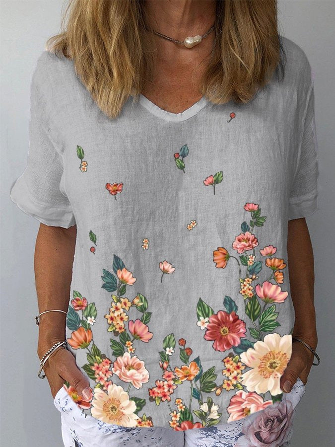 【S-5XL】🌈Tricou cu mâneci scurte cu imprimeu floral din in bumbac💐3896509