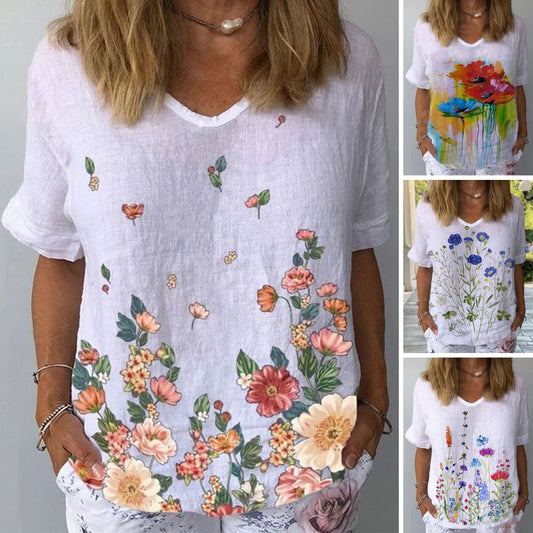 【S-5XL】🌈Tricou cu mâneci scurte cu imprimeu floral din in bumbac💐3896509