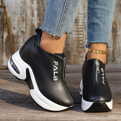 Pantofi sport casual cu talpă groasă pernă de aer piele fermoar față arc pantofi uni