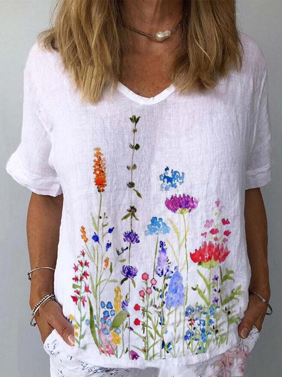 【S-5XL】🌈Tricou cu mâneci scurte cu imprimeu floral din in bumbac💐3896509