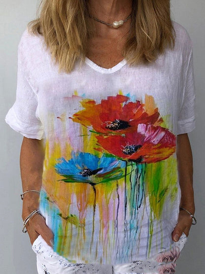 【S-5XL】🌈Tricou cu mâneci scurte cu imprimeu floral din in bumbac💐3896509