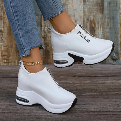 Pantofi sport casual cu talpă groasă pernă de aer piele fermoar față arc pantofi uni